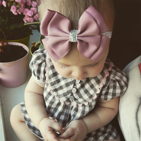 Baby Infant Girl Stretchable Headband Hairband for Girl with Ribbon Bow diamonds 