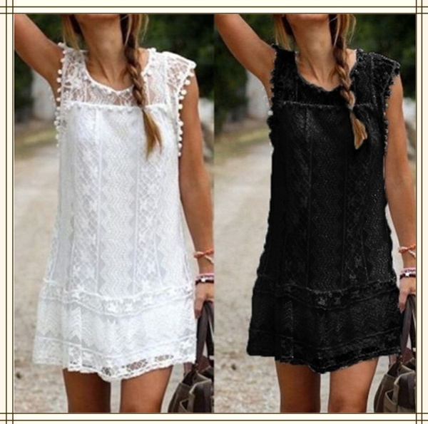 Fashion Summer Dress Sexy Women Casual Sleeveless Beach Short Dress Tassel Solid White Mini Lace 1266