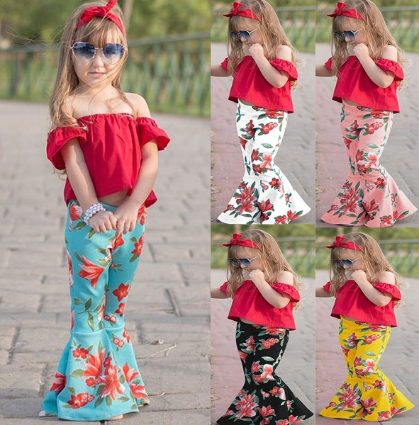 ファッションベビーガールズキッズかわいい花柄フレアパラッツォワイドレッグパンツベルボトム夏カジュアルヒッピーロングパンツ自由奔放に生きる服 Wish