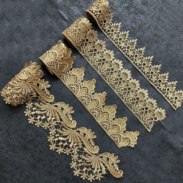 Vintage Gold Embroidered Lace Edge Trim Ribbon Costume Decor
