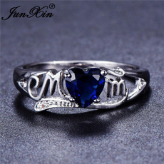 Junxin Fashion Love Mum Heart Shape Blue Sapphire Mom Ring Family Birthday Best Gift for Mother Mummy Party Wedding Band Rings Size 5 6 7 8 9 10