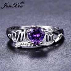 Junxin Fashion Love Mum Heart Shape Purple Amethyst Mom Ring Family Birthday Best Gift for Mother Mummy Party Wedding Band Rings Size 5 6 7 8 9 10