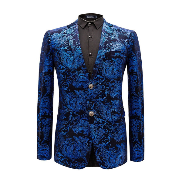 TRIPLEEGO Luxury Men Floral Blazer Paisley Flower Royal Blue Wedding Coat Men Jacket M 5XL