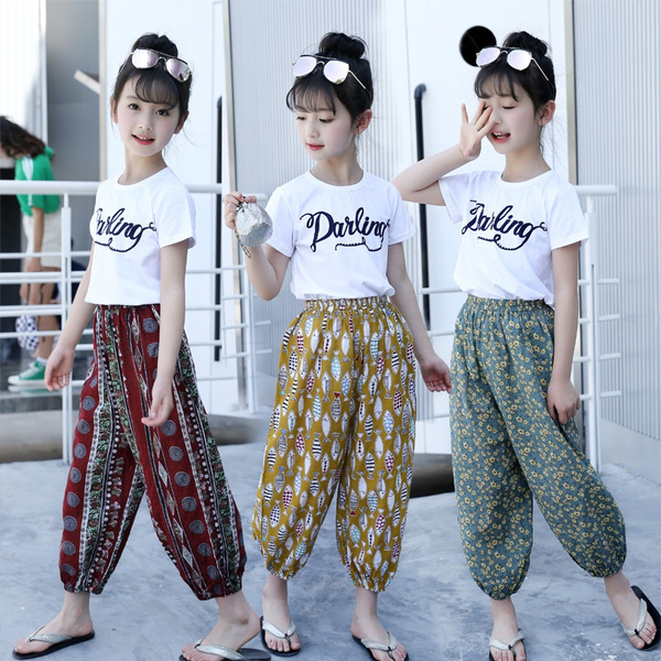 Girls Summer Folk Style Ninth Pants Printed Casual Thin Bohemian Trousers  Teen Beach Pants 3 Colors 6-13 Years
