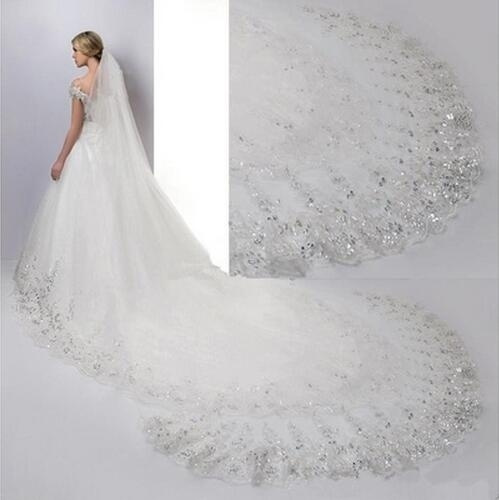 Beautifui 4m Luxury 1T Cathedral Wedding Lace Sequins Long Veil With Comb 