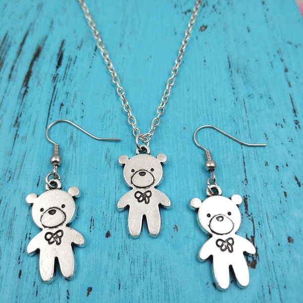 Jewelry Sets,Teddy Bear Jewelry,Teddy Bear Necklace,Charm Earrings Teddy  Bear Pendants,Silver Necklace,Creative Birthday Gifts | Wish