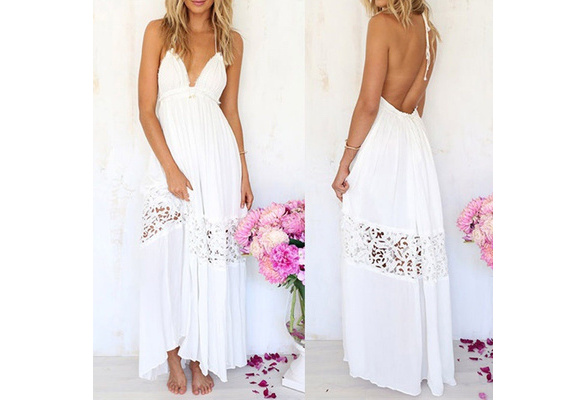 Women Casual Boho Halter Deep V Neck Backless Long Dress Maxi Beach Sundress Dresses White Wish