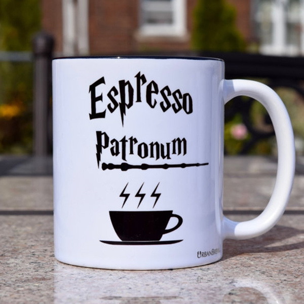 BeeGeeTees ESPRESSO PATRONUM Funny Wizard Coffee Tea Cup Mug  Wizards (14 oz White): Coffee Cups & Mugs