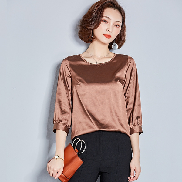 Women Elegant Satin Silk Shirt 3/4 Sleeve Loose Business Work Blouse ...