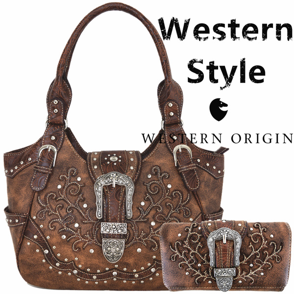 Western Handbag Laser Cut Floral Buckle Concealed Carry Shoulder Bag Purse 
