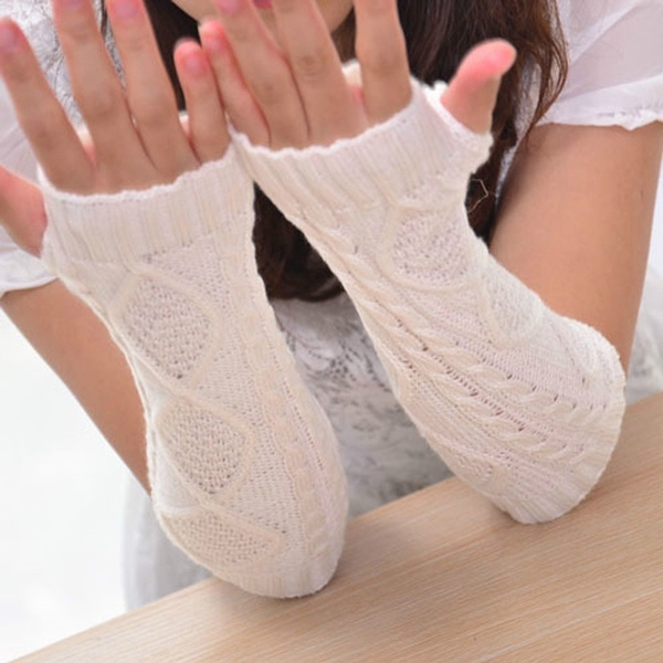 Women Warm Winter Arm Warmer Knitted Solid Long Fingerless Gloves Mittens