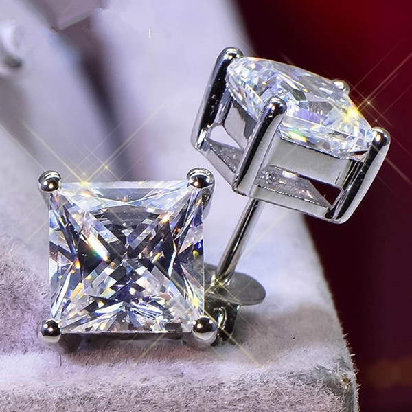 4mm/5mm/6mm/7mm Princess Cut Diamond Zircon Stud Earrings Women 925 ...