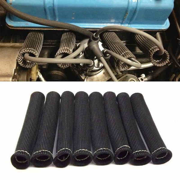 8PCS 2500° Spark Plug Wire Boots Protectors Sleeve Heat Shield Cover BLACK