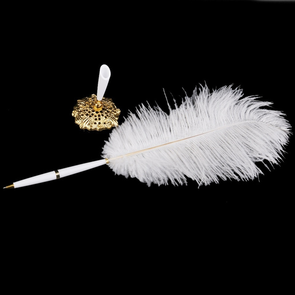 White Ostrich Feather Quill Signing Pen with Metal Holder Wedding Pen Set 