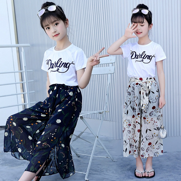 Girls Summer Two-Piece Sets Children Tee+ Flower Chiffon Wide Leg Pants  Kids Ninth Pants 2-color 6-13 Years