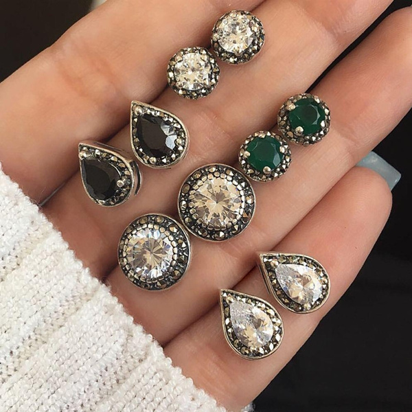 5 Pairs/Set Water Drop Green White Crystal Stud Earrings for Women Boho  Jewelry Dazzling Cubic Zirconia Earrings Set Jewelry Accessories