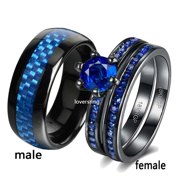 2 Rings Couple Rings Black Stainless Steel Men's Ring Sapphire Women's Ring Sets