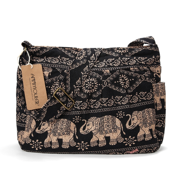 Women Large Shoulder Bag Elephant Print Cotton Bag Adjustable Crossbody  Messenger Bag