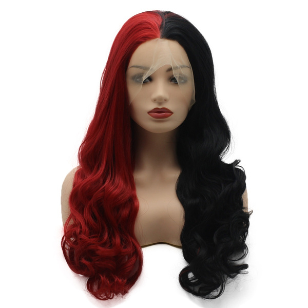 Meiyite Hair Wavy Long 24inch Half Black And Half Red Mix Half Hand Tied Heat Resistant Synthetic Lace Front Wigs Wish