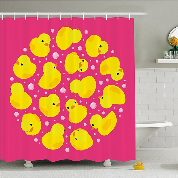 Rubber Duck Shower Curtain Set Fun Baby Kids Bath Toys Bubbles Hot Pink Animal Print Fabric Bathroom Decor With Hooks Wish