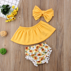 3Pcs Baby Girl Crop Top Off Shoulder+Sunflower Shorts Pants Summer Clothes Outfits(0-2Y)