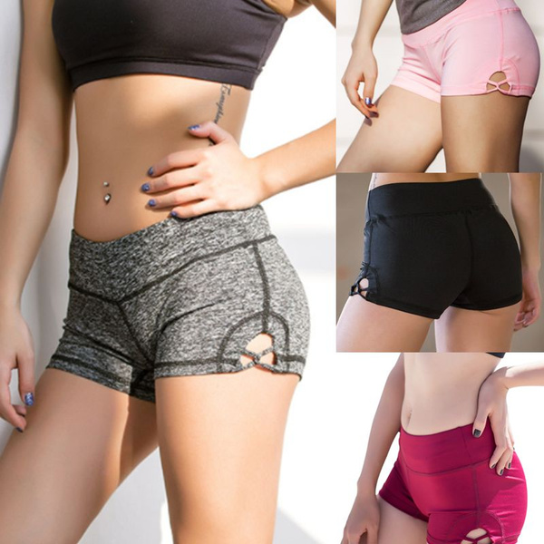 3 Colors Women Yoga Shorts Stretch Solid Athletic Shorts Cross Side Tie  Dance Gym Shorts Beach Wear(Gray,Pink,Black,S,M,L)