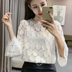 Hollow Out Lace Women Blouses Korean Women Clothing Flare Sleeves O-Neck Slim Female Apricot White Tops