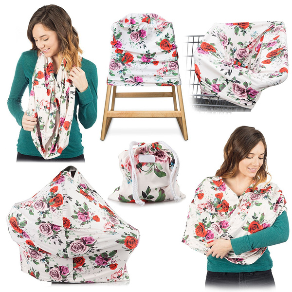 Baby Blanket 6-in-1 Breastfeeding Nursing Cover Poncho Ditsy Leaf Car Seat or Stroller Canopy Infinity Scarf 