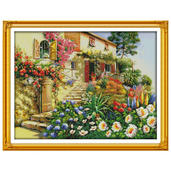 Garden Flowers Stamped Cross Stitch Kit 11CT Counted Embroidery DIY Crafts 
