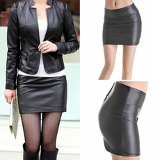 Women PU  High Waist Pencil Bodycon Mini Dress Short Skirt Black