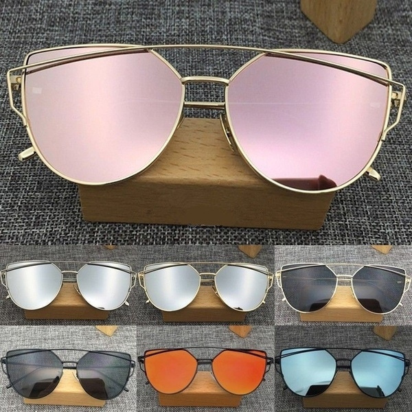 New Oversized Cat Eye Sunglasses Flat Mirrored Lens Metal Frame Women Fashion 