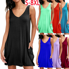 2019 Summer Women Casual Solid Color Loose Sleeveless Beach Tank Top A-line Pocket Dress Sexy Deep V-neck Short Club Party Mini Halter Midi Dresses Robe Ete Femme Knee Length Pleated Skirts Ladies Fashion Swing Cotton T-Shirt Dress Plus Size S-8XL