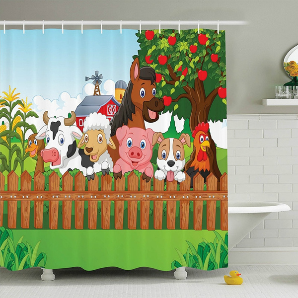 Cartoon Shower Curtain Kids Decor By Collection Of Cute Farm Animals On The Fence Comic Mascots With Dog Cow Horse For Fabric Bathroom Set Hooks Wish - Cow Shower Curtain Hooks