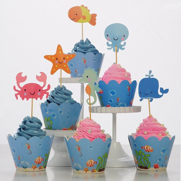 24 Pieces Piece Drapeaux De Gateau Cupcake Gateau Topper Mer Creatures Etoile De Mer Joyeux Anniversaire Fete Fournitures Gateau Cuisson Choix Fete Decorative Wish