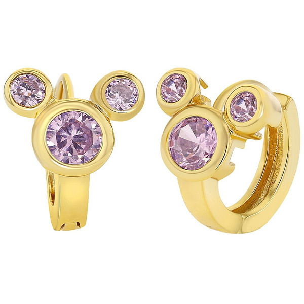 18k Gold Plated Mouse Hoop Huggie Earrings Pink Crystals Teens Girls 0.39" 