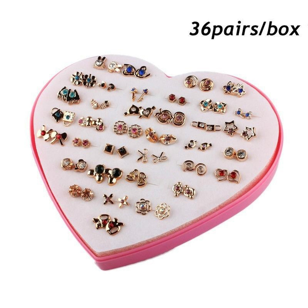 36Pairs/Set Women Star Heart Small Stud Earrings Set Girl Children ...