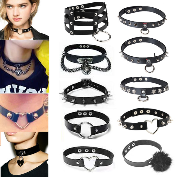 Punk Lady Gothic Leather Choker Heart Chain Spike Rivet Buckle Collar Necklace 