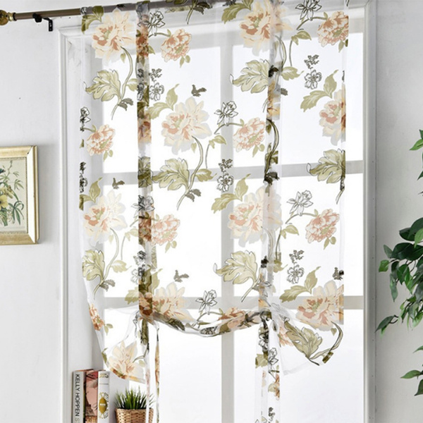 Beauty Floral Short Roman Curtain Tie-up Kitchen Window Shade Sheer Voile new 