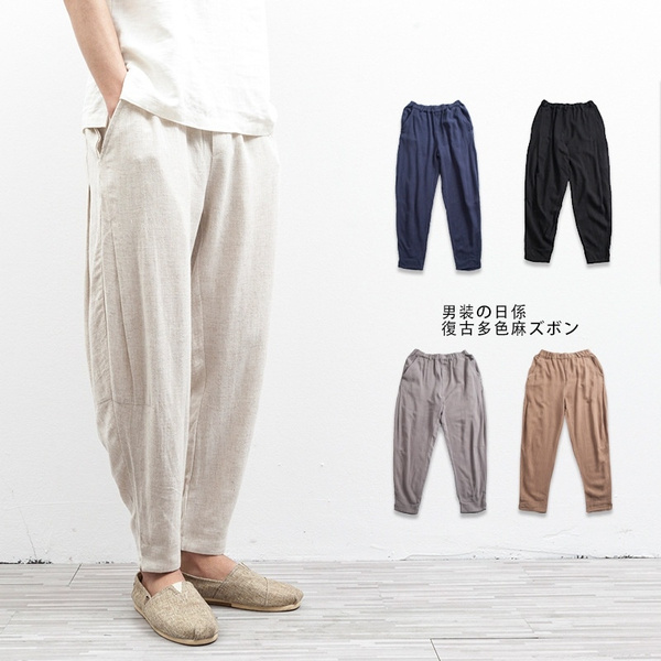 Men Linen Trousers Cotton Pants Chinese Casual Harem Loose Slack Elastic  Waist Pencil Plus Size
