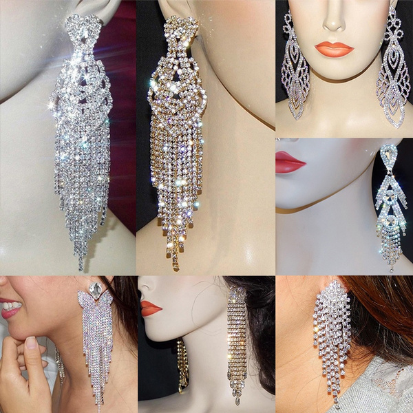 Elegant Luxury Crystal Rhinestone Tassel Earrings Ear Studs Wedding Jewelry HGUK 
