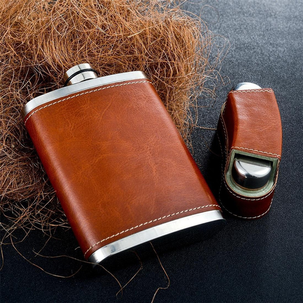 8oz Portable Brown Leather Covered Stainless Steel Hip Flask With Caps