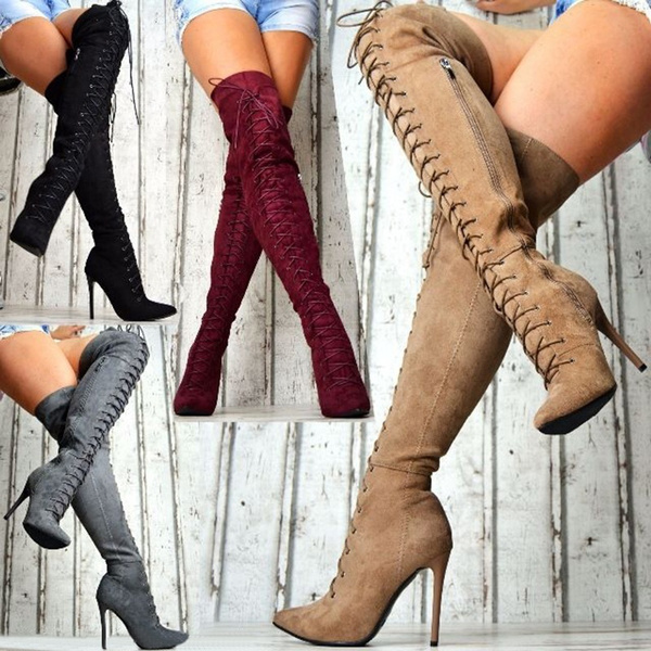 Stivali lunghi da donna con tacco alto autunno e inverno Stivali da donna  con punta in pelle scamosciata tinta unita Stivali alti al ginocchio | Wish