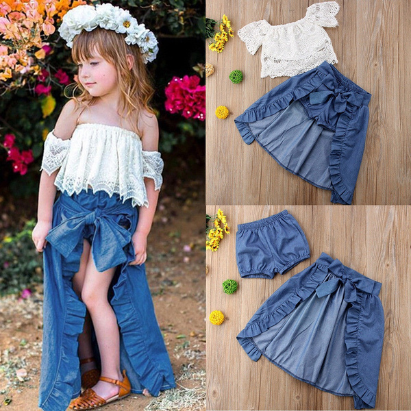 Little Kids Girls Off Shoulder Top + Short Pants +Bowknot Dress 3 Pcs ...