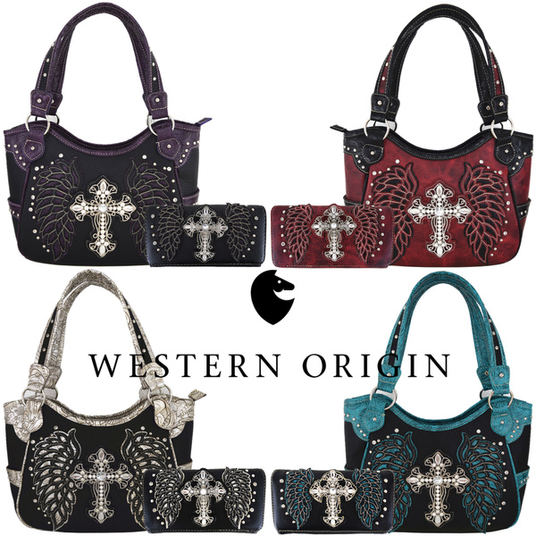 Western Cross Country Handbag Tooled Leather Purse Women Shoulder Bag Wallet Set 