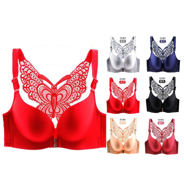 Plus Womens Ladies Fashion Full Coverage Lace Butterfly Back Push-Up Front  Closure Seamless Bra