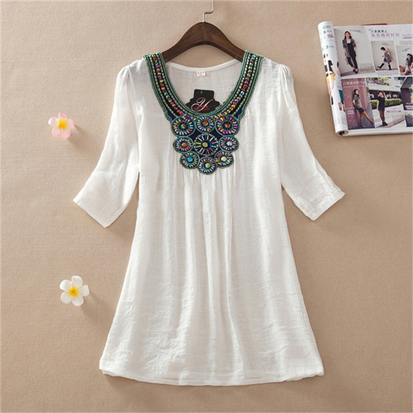 Women Short Sleeve Embroidery Loose Tee Shirt Casual Blouse Top PLUS ...