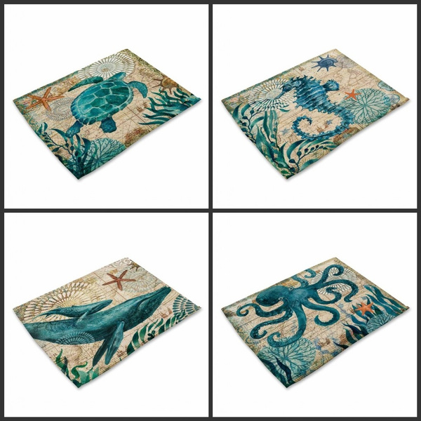 42*32cm Sea Turtle Octopus Pattern Decorative Placemats Linen Cloth Art