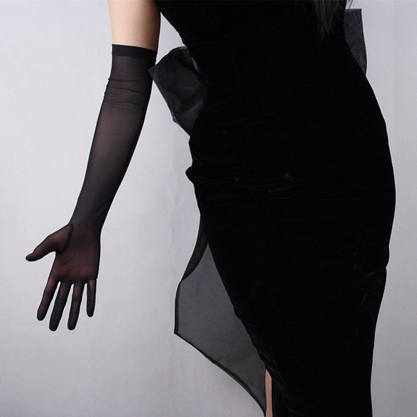Tulle Long Gants extensible dentelle en nylon Noir Semi Transparent Écran Tactile lucide Glove