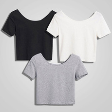 Fashion Women Scoop Neck Crop Tops Short Sleeve Bare Midriff Casual Blouse T-Shirt