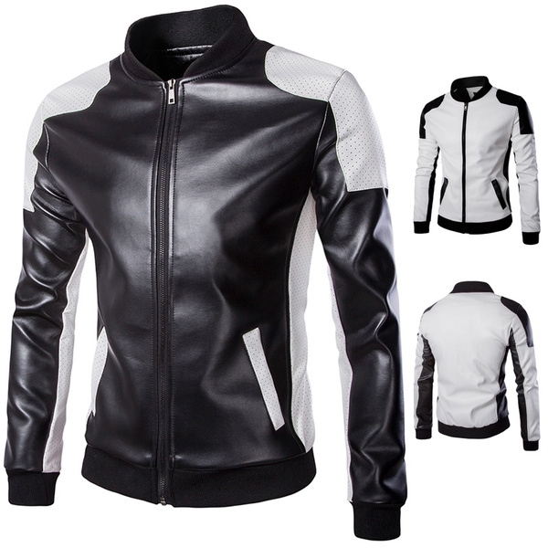 2018 Fashion Men Casual PU Leather Jacket Matching Leather Clothing Zipper Overcoat Black White